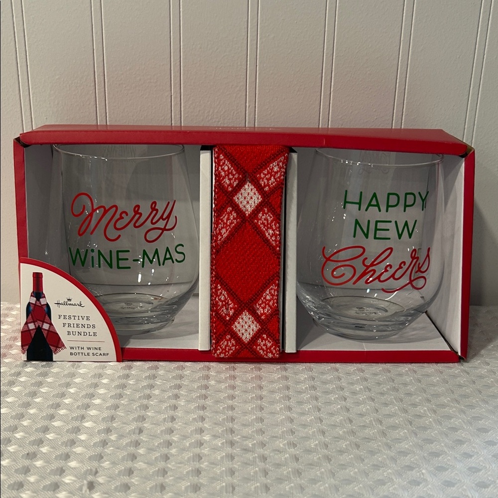 Hallmark Holiday Wine Glass Set with Red and Green Text